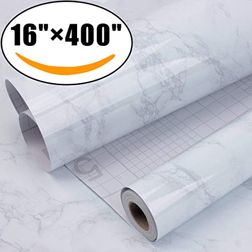 Marble Self Adhesive Paper 16 inch x 400 inch - Granite Gray/White Roll Kitchen countertop Cabinet Furniture is renovated Thick Waterproof PVC