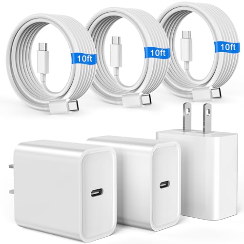 iPhone 17 16 15 Charger Fast Charging, 3 Pack PD 20W USB C Charger with 10FT Cord, USB C Cable Type C Chargers Block for iPhone 17/17 Pro/17 Pro Max/16/16 Plus/16 Pro/16 Pro Max/15/15 Pro（White）
