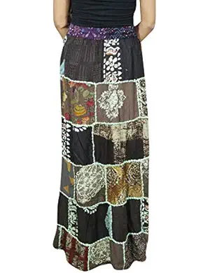 Women's Maxi Skirt Green Patchwork Vintage Ethnic Patchwork Rayon Skirt S/M