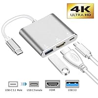 USB-C to HDMI Adapter，321OU USB 3.1 Type C to HDMI 4K Multiport AV Converter with USB 3.0 Port and USB C Charging Port compatible MacBook/Chromebook Pixel/Dell XPS13/Samsung Galaxy s8/s8 Plus (Silver)