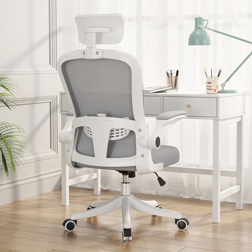 MOZOGOT Ergonomic Office Chair with Lumbar Support & Headrest & Flip-up Arms Height Adjustable Rocking Home Office Desk Chairs for Teens and Adults (Grey Mesh)