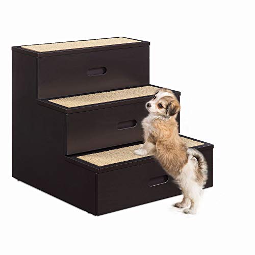 unipaws Wooden Pet Stairs with 2 Storage Drawers, 3 Nonslip Steps for
