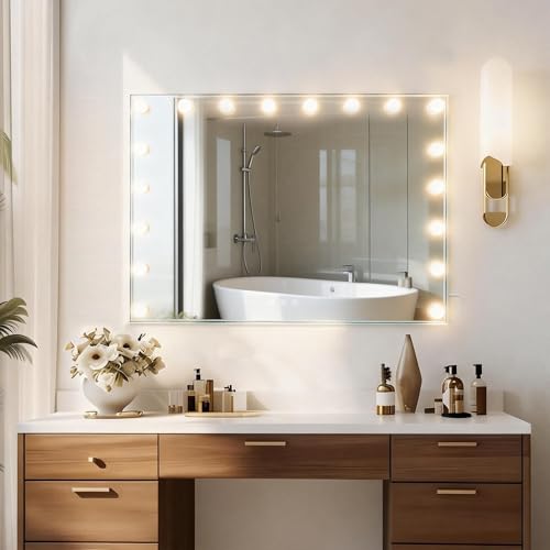 MIQU Espejo Maquillaje con Luz 90x60cm,Espejo Tocador Hollywood con 20 Bombillas LED,3 Modos de Luz,Intensidad Ajustable,con Puerto USB/Type-C,Aumento 10X,Control Táctil,para Mesa o Pared