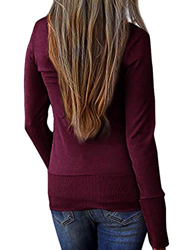 Weilim Women's V-Neck Button Down Knitwear Long Sleeve Casual Cardigans Sweater WineRed L - Thumbnail 2