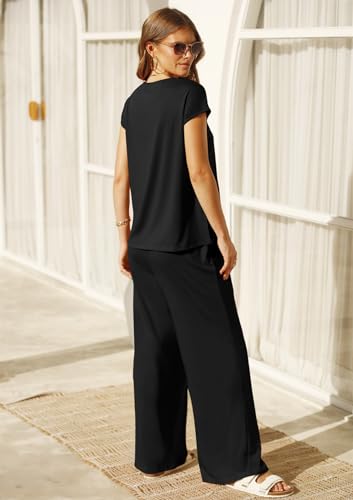 YOUSIFY WOMEN’S SUMMER 2 PIECE OUTFITS V NECK SHORT SLEEVE CROP TOP WIDE LEG PANTS LOUNGE MATCHING SETS WITH POCKETS
