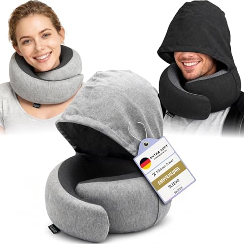 41a4k Sleevo Nackenkissen Mit Kapuze &Amp; Memory Foam – Nackenhörnchen &Amp; Schlafkissen Für Flugzeug &Amp; Reise – Ergonomisches Reisekissen, Sichtschutz &Amp; Waschbar Inkl. Tasche – Grau