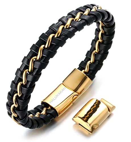 HALUKAKAH Plus ● Honour ● Men's Genuine Leather Titanium Bracelet Magnetic Clasp Magentic Clasp Size Adjustable 8.5"-9"(21.5-23cm) Black & Golden with Free Giftbox