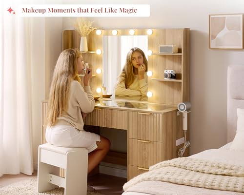Jocisland 47.2" Fluted Vanity Desk with Mirror and Adjustable LED Lights, Large 7 Drawers Makeup Table with Glass Top and Charging Station for Women and Girls, Bedroom or Dorm, Natural Oak