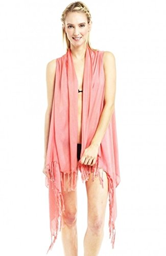 Look Collection Solid Petite Open Front Shawl Collar Kimono Vest Grapefruit One Size