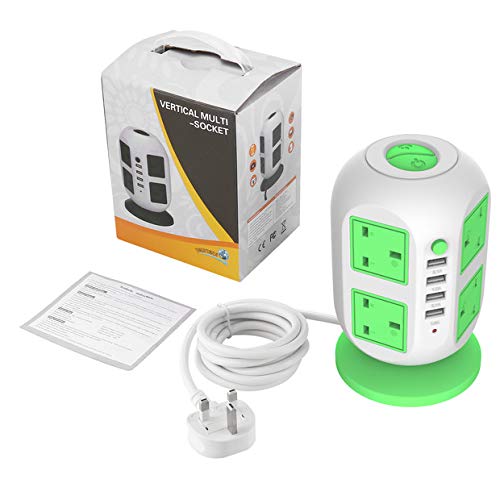 USB Power Strip LECTCAFE Surge Protector Tower Power Socket Outlets, Vertical Multi-Socket with 8 Outlets and 4 USB Ports Universal Charging Station for Home and Office（Green)
