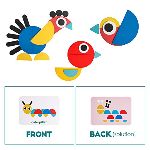 Wooden Pattern Blocks Tangram Shape Puzzle Set Color Sorting Stacking Game Wood Animal Jigsaw Preschool Montessori Brain Teaser STEM Gift for 3 4 5 Years Old Toddler Kid (60 Pattern Cards)