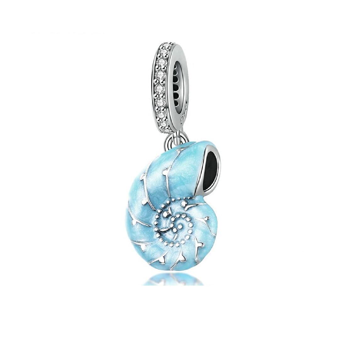 FeatherWish Sterling Silver 925 Charm Sea Shell Fish Sea Ocean Animal Travel Holiday Family Dangle Pendant Fits And Compatible With Pandora Bracelets Gift Wife Mum Friend (Blue Conch Shell)