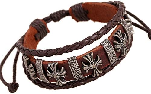 SHOUZ Jewelry Alloy Pentagram Bracelet Braided Ancient Silver Cross Leather Bracelet