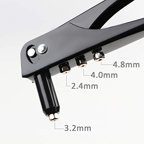 Toolwiz Heavy Duty Rivet Gun Steel Hand Riveter Kit for Sheet Metal Wooden Plastic Automotive and Duct Work w/4 Different Nozzles-2.4mm 3.2mm 4.0mm 4.8mm (3/32" 1/8", 5/32" & 3/16")