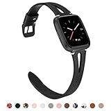 TOYOUTHS Leather Strap Compatible with Fitbit Versa/Versa 2/Versa Lite/Versa SE Bands for Women Men Genuine Leather Breathable Wristbands with Ventilated Hole Replacement Black+Black Buckle