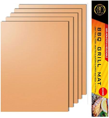 AEOWE Copper Grill Mat and Bake Mat Set of 5 Non Stick BBQ Grill & Baking Mats - FDA-Approved,Reusable, Easy to Clean - PTFE Teflon Fiber Grill Roast Sheets for Gas, Charcoal, Electric Grill (Gold)