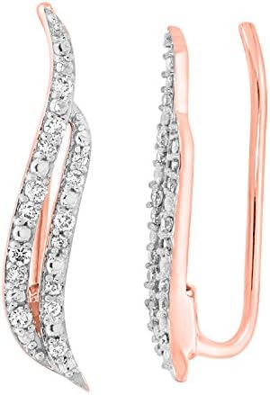 0.12 cttw Solid Gold Round Cut White Diamond Ladies Double Row Climber Earrings (rose-gold)