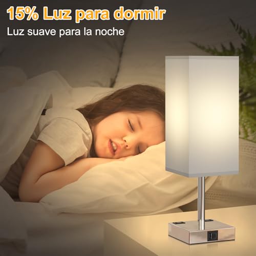 Sunsign Lámparas de Mesa táctil para 2 piezas, 3 Niveles de Brillo, lampara de noche con 2 Puertos USB (A+C) y 2 Salidas de CA, Lámpara de Lectura para habitación (bombilla incluida, Gris)