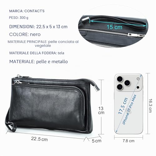 CONTACTS Pochette da viaggio da uomo in vera pelle con cinturino da polso, portafoglio passaporto con cerniera e tasca con cerniera, Portafoglio borsa a mano grande capacità per telefono