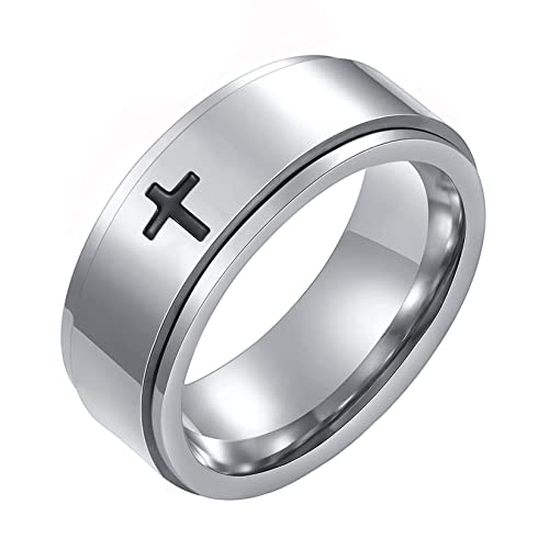Spinner Cross Rings for Men, Silver/Black Anxiety Fidget Rings Men, Mens Rings Stainless Steel for Stress Relieving, Promise Ring for Women Size 6-12