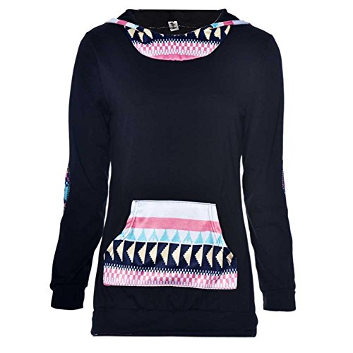 Womens Geometric Printing Pocket Hoodie Sweatshirt Hooded Pullover Tops Blouse (S, Black)