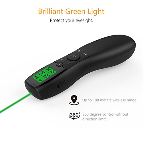 Presentation Remote Green Laser, Wireless Presenter Laser Pointer, Presentation Clicker LCD Display with Timer Rechargeable PPT PowerPoint Clicker for Office Teacher