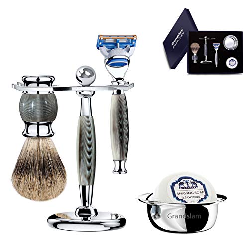 Luxury Shaving Gift Set Safety Razor Shaving Brush Stand for Men Grooming Set for Father's Day/Business Gift/Boyfriend/Husband Grandslam, Grey - Thumbnail 7