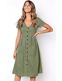 Vestido de verano para mujer, manga corta, cuello en V, con botones, con bolsillos