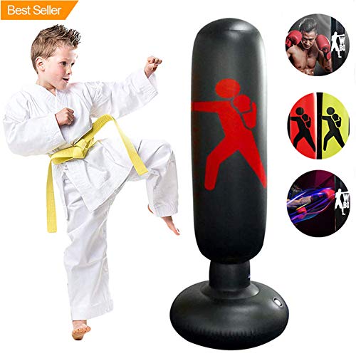 xivqiuny Inflatable Fitness Punching Bag,Free-Standing Fitness Target Stand Tower Bag, MMA Boxing Punching Kick Training Tumbler Bop Bag 160CM for Kids Adults (Black) (Best Punching Bag For Youth)