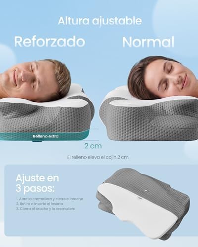 Almohada Ergonómica, Altura Ajustable, Cojín de Espuma Viscoelástica, para Quienes Duermen de Lado, Boca Arriba y Boca Abajo, Tacto Fresco, Blanco Nube y Gris Paloma TBP051G201