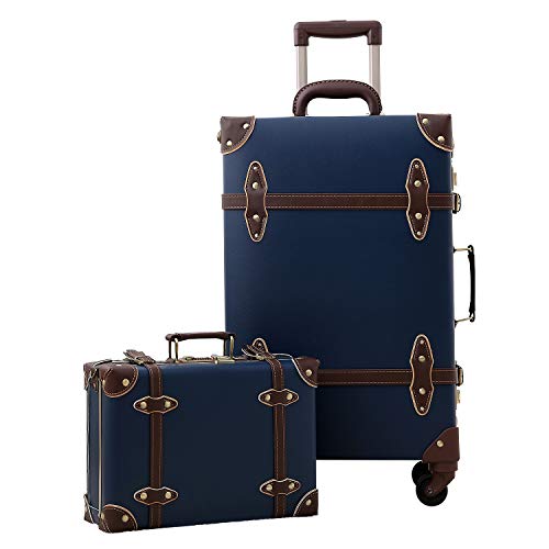 urecity Womens Luxury Vintage Trunk Luggage Set 2 Piece Cute Retro Pink Hardside Suitcase (Navy