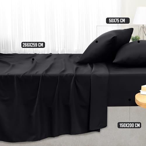 Set Lenzuola Letto 4 Pezzi, 150x200cm, Nero