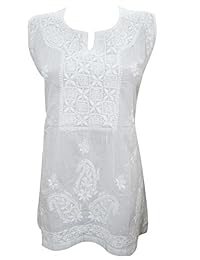 Mogul Women's Tunic Blouse White Cotton Embroidered Summer Kurti Top Gift For Her