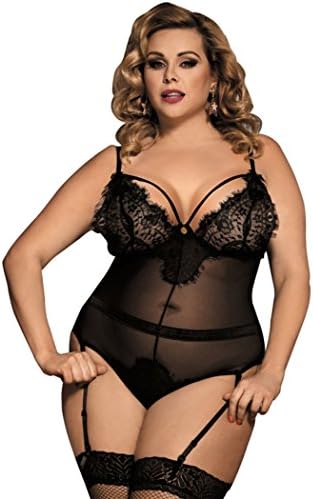 Women’s Sexy Plus Size Lingerie which is a Perspective Deep-V Halter Half Cup One-piece Teddy with Grape Leaves Lace Decoration and Bowknot(Medium)