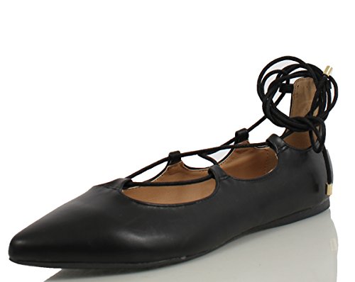 City Classified Women s Heat Pointy Toe Faux Leather Lace Up Akle Wrap Flat Sandals, Black, 55 M US