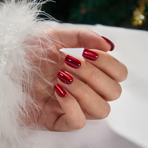 BTArtbox Press On Nails Red - Cat Eye Press On Nails Square for Gifts,Cherry Short Stick On Nails with Glue, Glossy Reusable Nail Tips in 15 Sizes - 30 Soft Gel Fake Nails Kit, Hot Love - Image 4