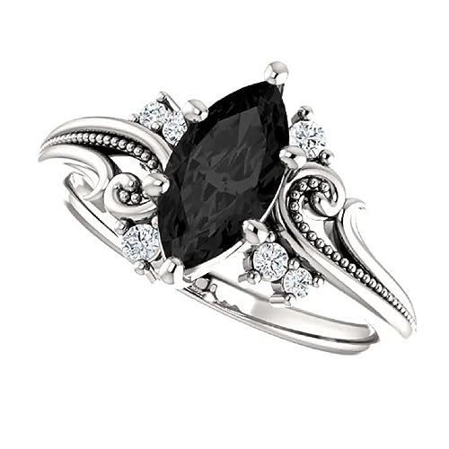 1 CT Vintage Floral Black Marquise Engagement Ring 14k White Gold, Filigree Black Onyx Ring, Twig Leaf Marquise Black Diamond Ring, Woodland Ring, Lovely Ring For Her