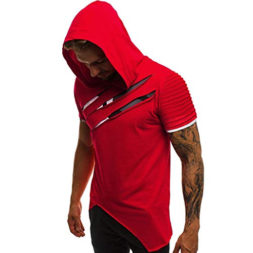 Letdown_Men tops Hooded Shirts for Men Short Sleeve Scratch Zipper Pattern Casual Slim Fit T-Shirts Mens Fashion Summer Shirt Red
