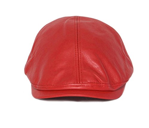 Bolayu Mens Women Vintage Leather Newsboy Sunscreen Beret Cap Peaked Hat (Red)