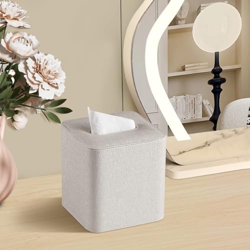 TERRIFI Tissue Box Cover Square, PU Leather Facial Tissue Box Holder - Magnetic Bottom, Rounded Edges, for Dresser Bathroom Decor and Home Decor(Beige)