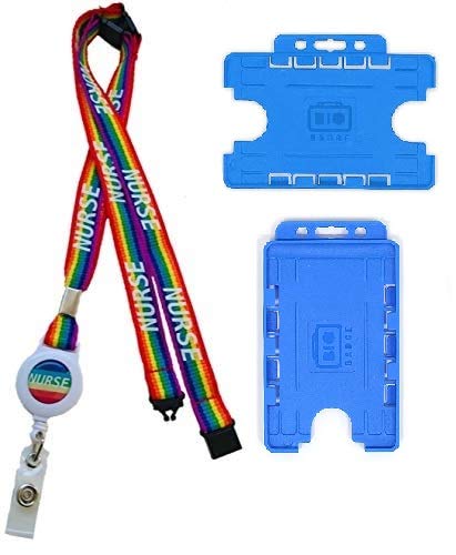 15mm Nurse Rainbow Badge Reel Neck Lanyard with 3 Point Breakaway & Double Blue ID Card Holder (Vertical Card Holder)
