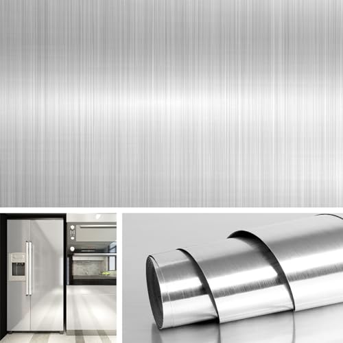 Livelynine 15.8x197 Silver Contact Paper Peel and Stick Stainless Steel Wrap for Appliances Adhesive Vinyl Kitchen Wallpaper Peel and Stick Countertop Covers Fridge Refrigerator Door Dishwasher Skins