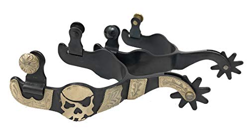 AJ Tack Wholesale Western Pirate Skull Show Spurs Motif Silver Engraving Black Steel Mens Size