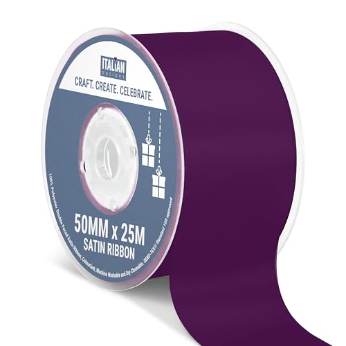Italian Options Satin Ribbon, Fabric Ribbons for Gift Wrapping, Crafting, Balloons, Wedding Car, Presents, Cake, Christmas, Birthday, Gift Wrap Accessories, 50mm Wide x 25 Metre Roll, Aubergine