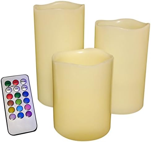 LED Flameless Flickering Color Changing Candles with Remote Control- Set of 3, Pillar Style, Ivory Color, Real Dripless Paraffin Wax, 3", 4", 5" Sizes Great for Home Decor or Mood Lighting