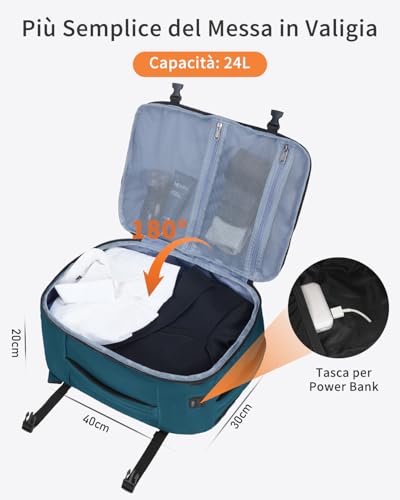ECOHUB Ryanair Travel Backpack 40 x 30 x 20 cm, 13 Pockets Hand Luggage Under the Seat Handle Eco Friendly Airplane Bag in Recycled PET 24 Litres, Patented (Blue Green)