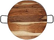 Jodhpuri Natural Wood Server Tray with Handles - Round Wooden Platter - 20 x 20 x 2.75 inches - Acacia
