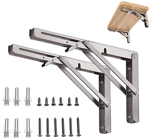 Folding Shelf Brackets, FORTSPANG Heavy Duty Wall Mounted Foldable Shelf Bracket Polished Stainless Steel Foldable K Type Shelf Brackets with Short Release Arm(2 Pack 16inch)