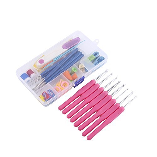 52 Pieces of 16 Crochet Hooks, Needles, Stitches, Crochet Weave, Crochet Set in Plastic Case, Purple/Pink/Green/Pink (Colour: Pink)