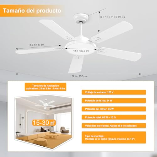 Ventilador de Techo con Luz LED, 52" Abanicos de Techo de 132 cm, Control Remoto, 6 Velocidades, Temporizador 1/4/8H para Recámara, Sala y Estudio, Blanco